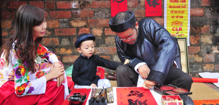 Old calligraphers with ink and red paper